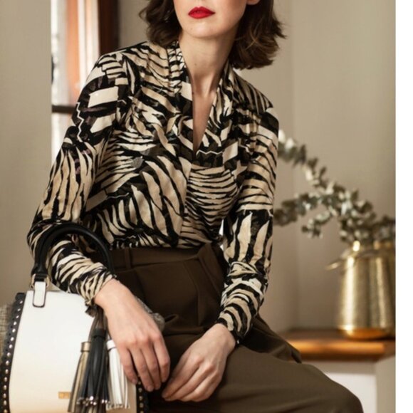 Jospeh Ribkoff Blouse Woman 14 Animal Print Sparkle Sheer Ruching V Neck Office - Picture 1 of 16